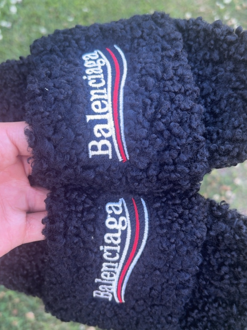 Balenciaga Black Teddy Shearling Slides with Red & White Stripe Logo - Picture 3 of 4
